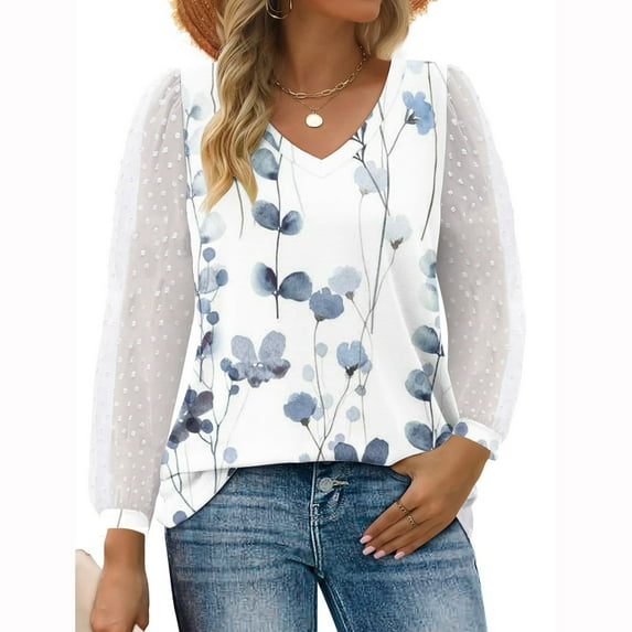 Aloohaidyvio Tops for Women Fashion Woman T-Shirt Causal V-Neck Vintage Printing Blouse Long Sleeve Tops