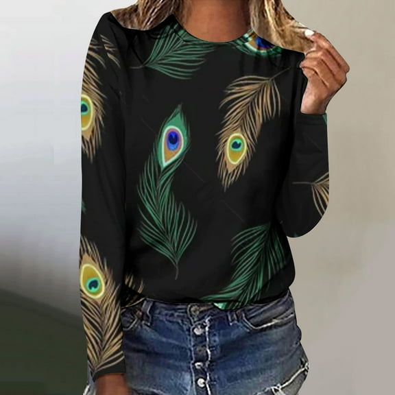 Aloohaidyvio Tops for Women Women Fashion Summer Sexy Fold Printed Regular Long Sleeves Round Neck Button