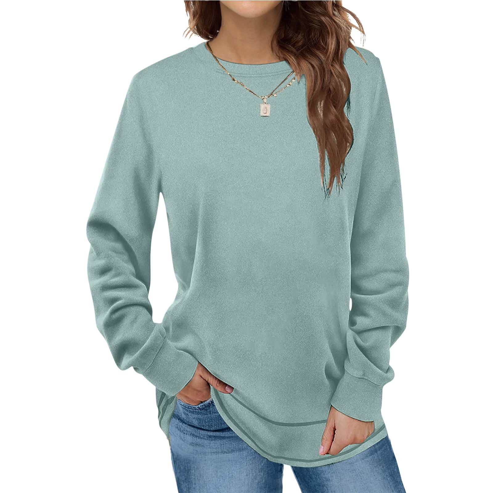 Round Neck Plain Self-Tie Long Sleeve Plus Size Tops