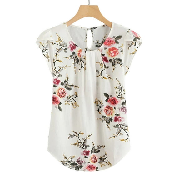 Aloohaidyvio No Boundaries Tops for Women,Womens Shirts Flower Pleated Slim Print Short Sleeve Tops