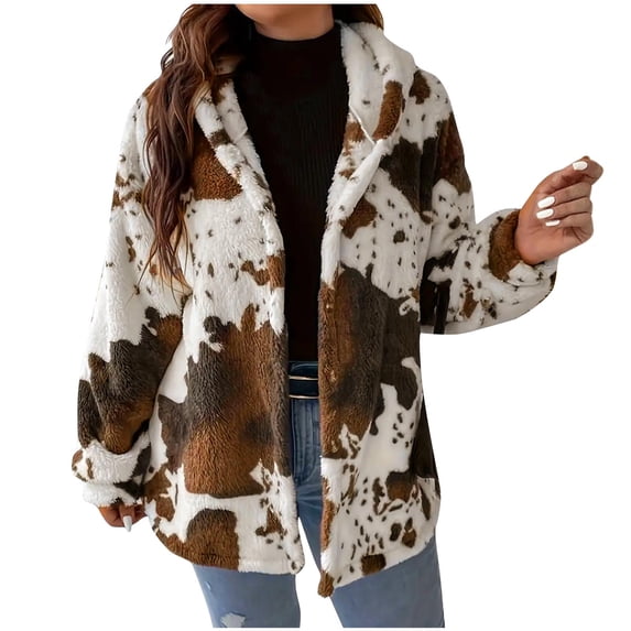 Aloohaidyvio Winter Coats for Womens Warm Fur Fleece Jackets Fashion Cow Print Cardigans Open Front Tops Outwear