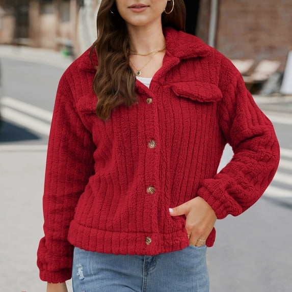Aloohaidyvio Women Winter Casual Fuzzy Button Down Long Sleeve Warm Short Crop Jacket Coat