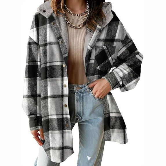 Aloohaidyvio Women's Casual Plaid Shacket Long Sleeve Button Down Lapel Pocketed Jacket Hooded Coat