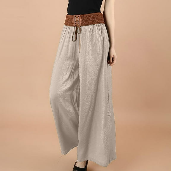 Aloohaidyvio Women's Comfortable Casual Loose Comfortable Belt Lace Fold Cotton Linen Pants