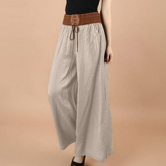 Aloohaidyvio Women's Comfortable Casual Loose Comfortable Belt Lace Fold Cotton Linen Pants