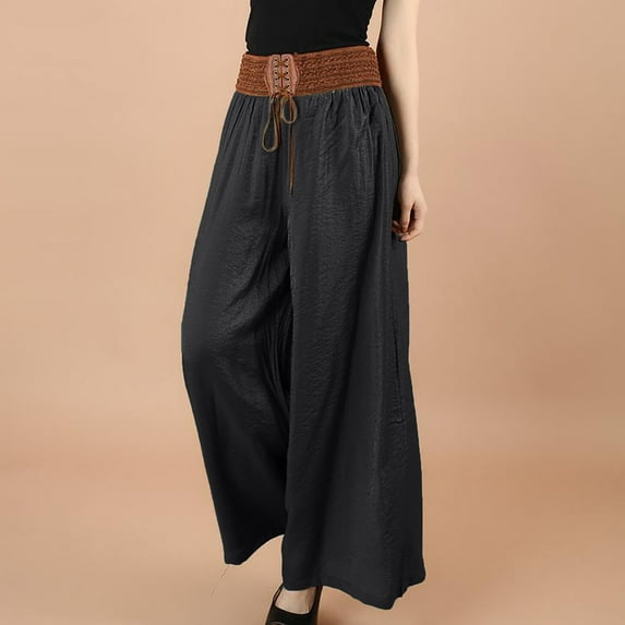 Aloohaidyvio Women's Comfortable Casual Loose Comfortable Belt Lace Fold Cotton Linen Pants