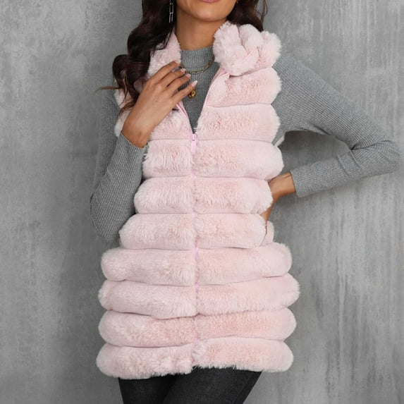 Aloohaidyvio Jackets Women's Faux Fur Vest Winter Warm Sleeveless Soft Shaggy Outwear Full Zip Fuzzy Fleece Long Jacket Vest