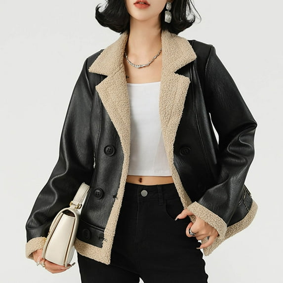 Aloohaidyvio Women's Faux Leather Jacket Fur Lined Winter Coat Warm Button Lapel Collar Bomber Jacket