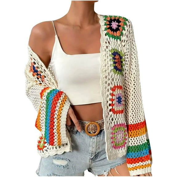 Aloohaidyvio Women's Floral Crochet Cardigan Hollow Out Open Front Long Sleeve Cardigan Sweater White 2XL