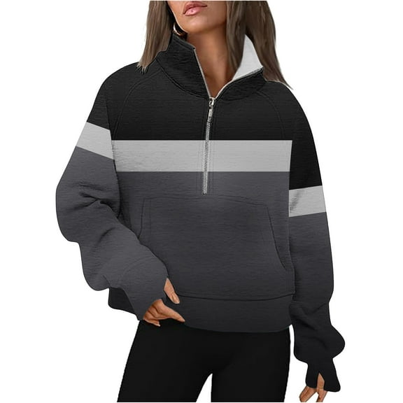 Aloohaidyvio Womens Quarter Zip Long Sleeve Cropped Sweatshirt Fall Casual Half Zip Pullover Tops With Pockets 2024 Winter Clothes
