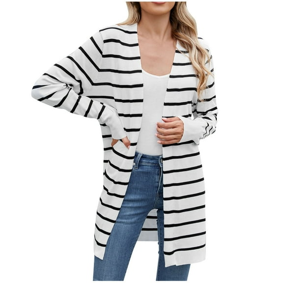 Aloohaidyvio Women's Knit Stripes Cardigan Sweater Long Sleeve Open Front Basic Classic Casual Soft Lightweight Knitted Shrug Black S