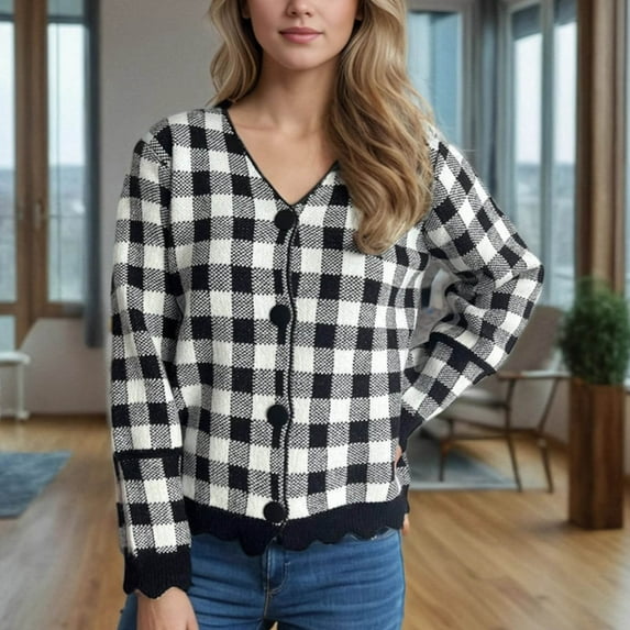 Aloohaidyvio Cardigan Sweaters for Women No Boundaries Lightweight Crew Neck Long Sleeve Outfits Fall Fashion Plaid Button Cardigan Black S
