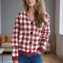 Aloohaidyvio Cardigan Sweaters for Women Lightweight Crew Neck Long Sleeve Outfits Fall Fashion Plaid Button Cardigan Red M