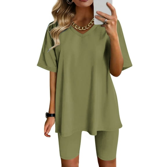 Aloohaidyvio Womens Fashion V-Neck Blouse Short Sleeve Tops Shorts Casual Suit Sets