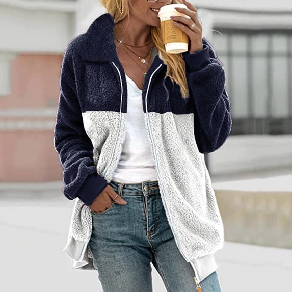Aloohaidyvio Jackets Womens Fluffy Hooded Cardigan Color Block Fuzzy Fleece Jacket Oversized Winter Coats Outerwear with Pockets