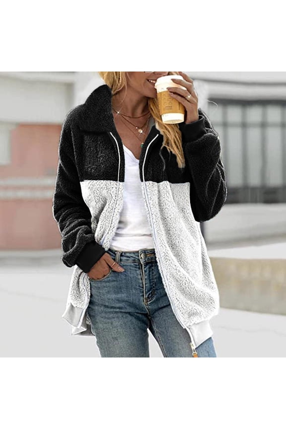 Jackets Womens Fluffy Hooded Cardigan Color Block Fuzzy Fleece Jacket Oversized Winter Coats Outerwear with Pockets
