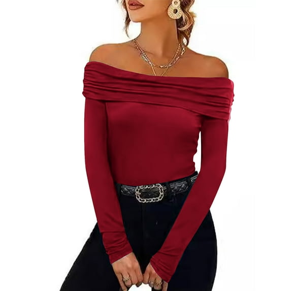 Aloohaidyvio Off The Shoulder Tops for Women Double Lined Long Sleeve T Shirts Slim Fitted Stretchy Crop Top