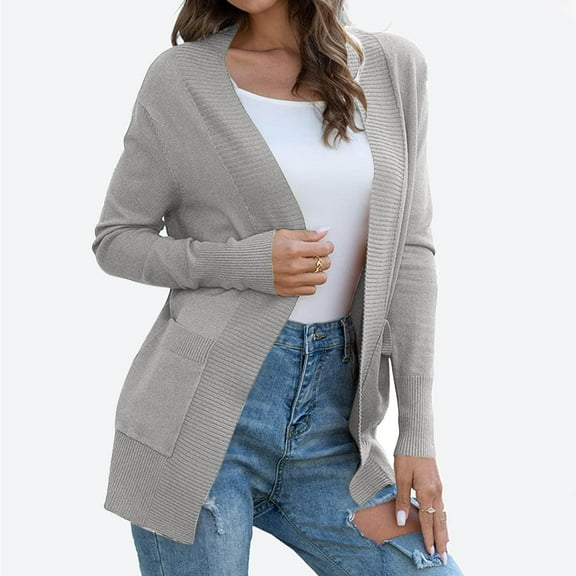 Aloohaidyvio Open Front Cardigan for Women Fall Casual Long Sleeve Knit Classic Sweaters Cardigan Dark Gray L