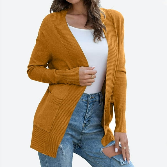 Aloohaidyvio Open Front Cardigan for Women No Boundaries Fall Casual Long Sleeve Knit Classic Sweaters Cardigan Yellow 2XL