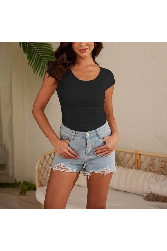 Ribbed T Shirt for Women Summer Basic Crew Neck Slim Fitted Tops