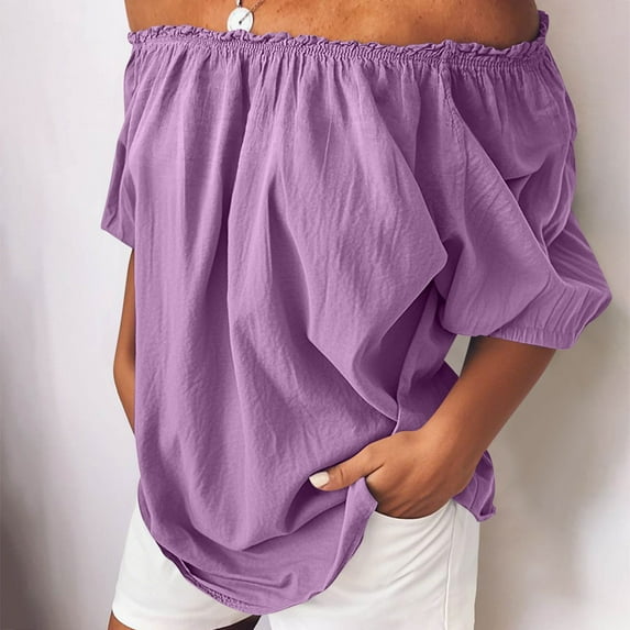 Aloohaidyvio Off Shoulder Tops for Women Plus Size,Women's Off Shoulder Tops Short Sleeve Textured Dressy Casual Summer Blouses