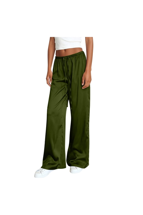 Palazzo Pants for Women Summer Wide Leg Drawsting High Waisted Comfy Casual Satin Flowy Pants