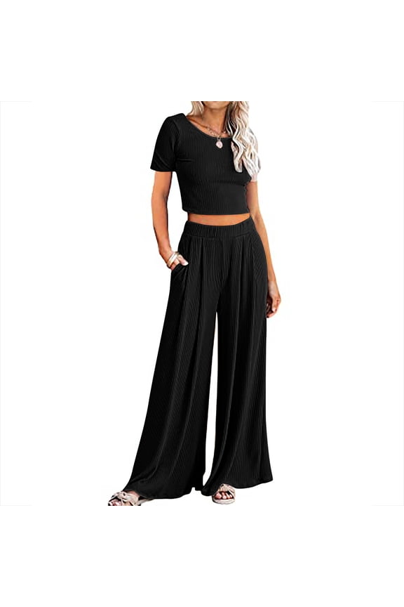 Pants Sets for Women 2 Piece,Womens Sports Tight Ribbed Knitted Crop Top Loose Wide Leg Pants Two-Piece Set