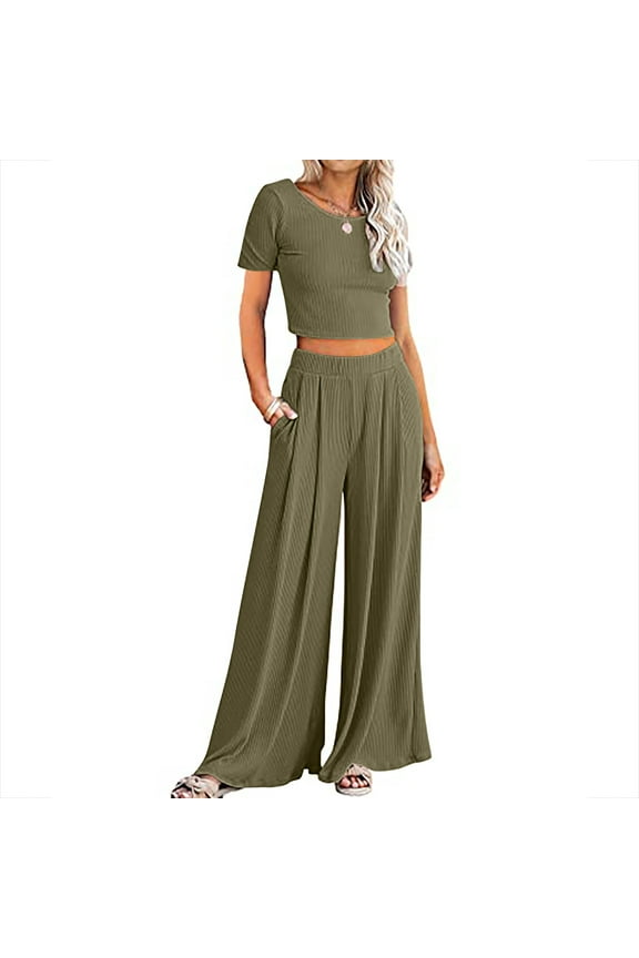 Pants Sets for Women 2 Piece,Womens Sports Tight Ribbed Knitted Crop Top Loose Wide Leg Pants Two-Piece Set
