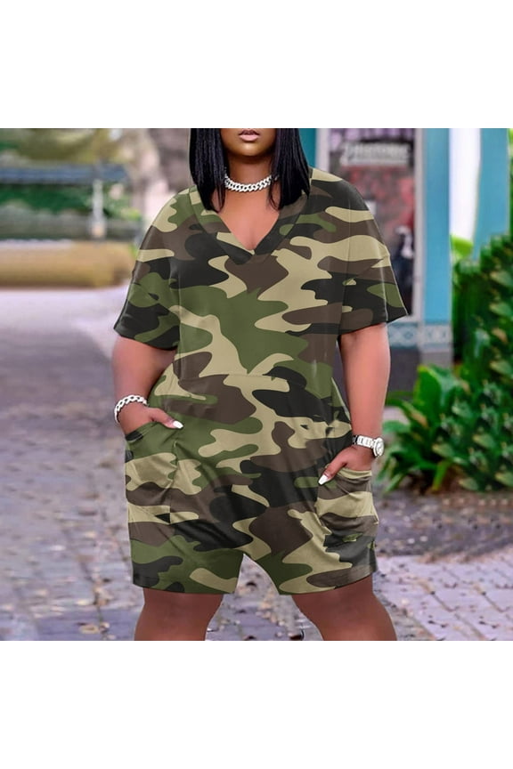 Pants Stretch,Plus Size Short Jumpsuit for Women Casual Pocket Knee Short Sleeve with Pockets