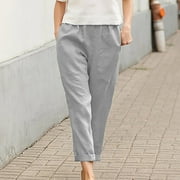 ALOOHAIDYVIO Pants Women,Womens Elastic Waist Casual Pants Solid Color Large Pocket Cotton Linen Straight Pants