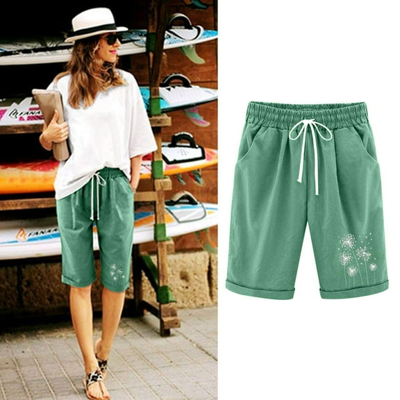 Aloohaidyvio Pants for Women,Womens Summer Printed Five Points Large Size Cotton Linen Pants Casual Pants Shorts