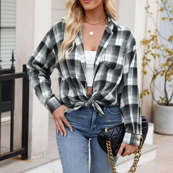 Aloohaidyvio Plaid Flannel Shirts for Women,Women's Casual Oversized Flannel Plaid Button Down Long Sleeve Shirts Fashion Blouse Tops with Pocket