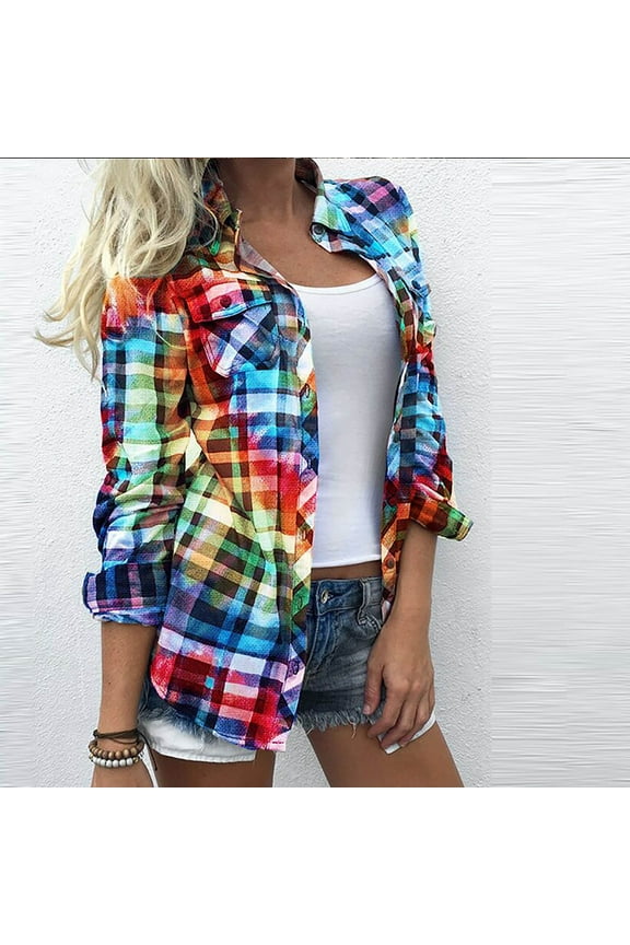 Plaid Flannel Shirts for Women,Women's Fashion Casual Lapel Top Loose Buttoned Long Sleeve Plaid Print Blouse