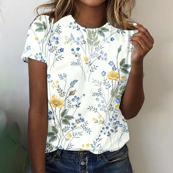 Aloohaidyvio Blouse for Women,Womens Fashion Printed T-shirt Short Sleeves Blouse Round Neck Casual Tops Women Tops S-2XL