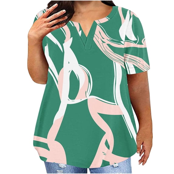 Aloohaidyvio Plus Size Shirts for Women,Soft Trendy Tops for Women Summer Short Sleeve Trendy Print T-Shirt Casual V Neck Tunic Blouse Loose Basic Tee