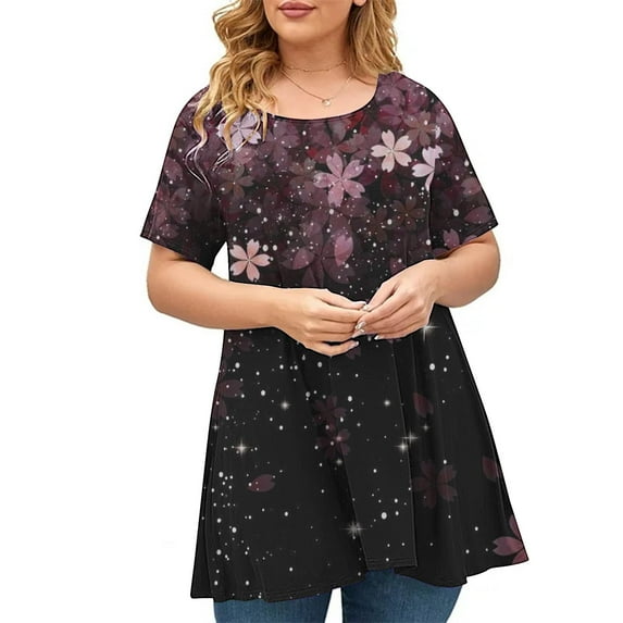 Aloohaidyvio Plus Size Shirts for Women,Women's Soft Boho Printed Cotton T Shirts Summer Short Sleeve Round Neck Casual Tops 2024 Trendy Loose Basic Tee Blouse