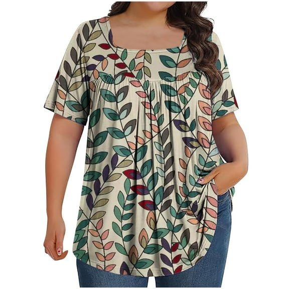 Aloohaidyvio Plus Size Shirts for Women,Women's Soft Flower Pleated T Shirts Summer Short Sleeve Round Neck Casual Tops 2024 Trendy Loose Basic Tee Blouse