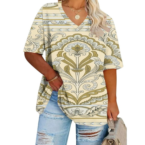Aloohaidyvio Plus Size Shirts for Women,Women's Soft Vintage Flower T Shirts Summer Short Sleeve V Neck Casual Soft Tops 2024 Trendy Loose Basic Tee Blouse