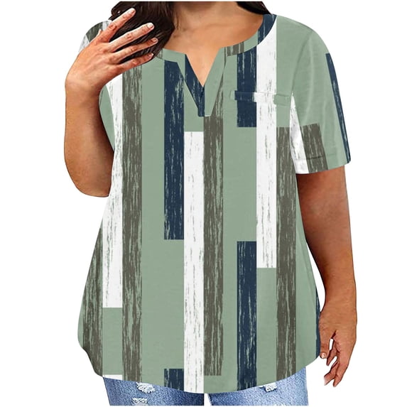 Aloohaidyvio Plus Size Shirts for Women,Women's Trendy Stripe Print T Shirts Summer Soft Basic Tees Short Sleeve V Neck Tunic Tops Loose Dressy Blouse