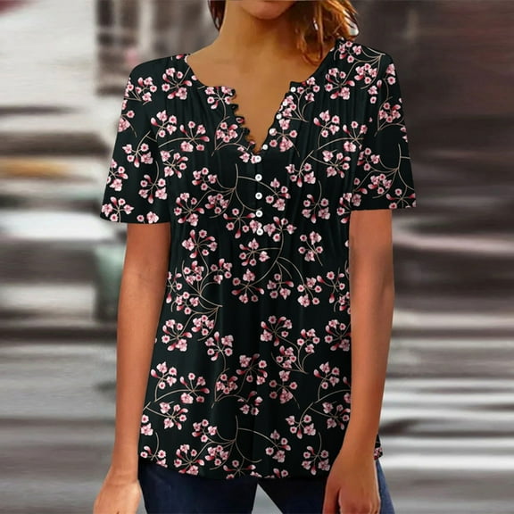 Aloohaidyvio Plus Size Tops,Womens Summer Sexy Fold Printed Regular Women Short Sleeves V Neck Button Tops Blouse