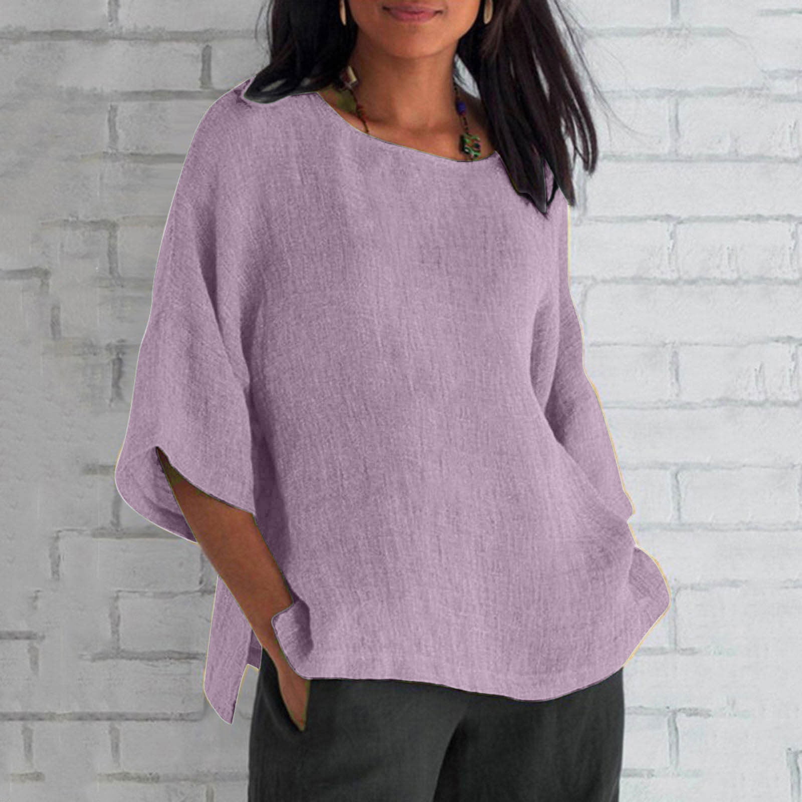 Plus Size Women Summer Artsy Pure Color Cotton O-Neck Blouse main image 1