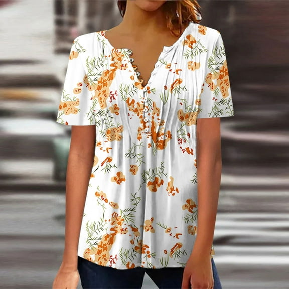 Aloohaidyvio 2024 Spring Summer Tops Plus Size,Womens Summer Sexy Fold Printed Regular Women Short Sleeves V Neck Button Tops Blouse