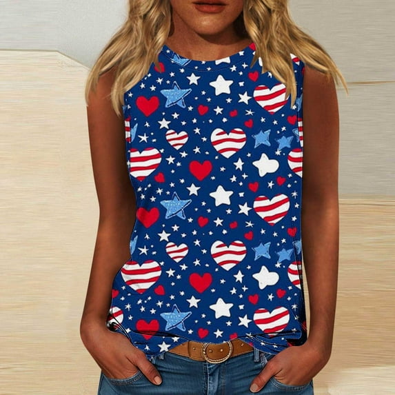 Aloohaidyvio Plus Size Tops for Women American Flag Shirts 4th of July Flag Crewneck Sleeveless Patriotic Tunics