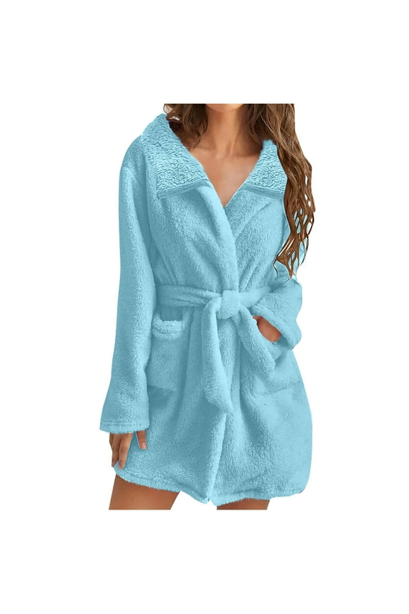 Plush Robes for Women,Womens Fuzzy Robe Mid Length Bathrobe Belted Soft Bath Robes Plush Kimono Robe with Pockets Fall Winter Spa Robes