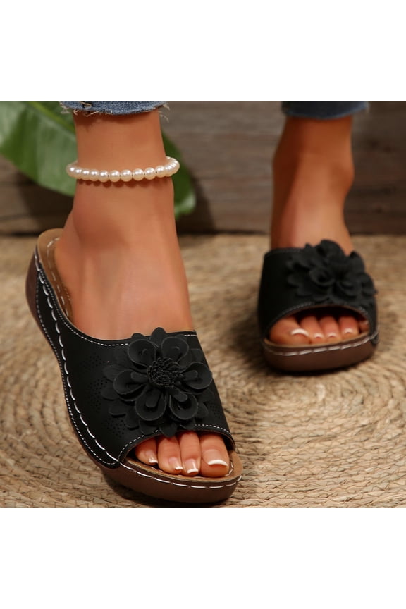 Sandals for Women Dressy Summer Casual,Cute Flowers Comfy Slip On Cork Foot Bed Vacation Sandals