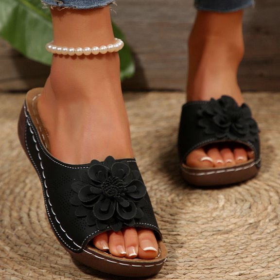 Aloohaidyvio Sandals for Women Dressy Summer Casual,Cute Flowers Comfy Slip On Cork Foot Bed Vacation Sandals