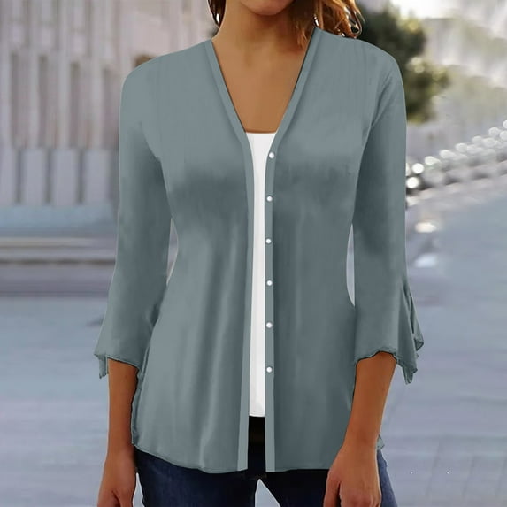 Aloohaidyvio Sexy tops for women,Fashion Women Summer 3/4 Sleeve Cardigan Solid Color Casual Blouse Tops