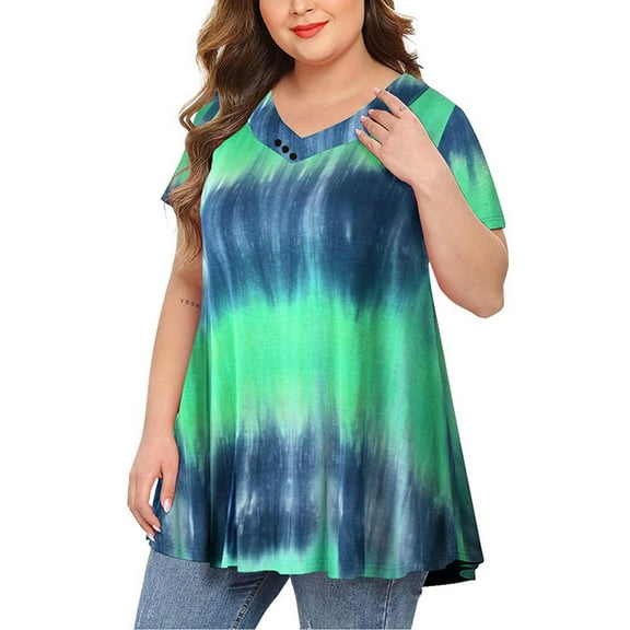 Aloohaidyvio Shirts Plus Size,Women Plus Size Tops Tie-Dye Print Short Sleeve V-Neck Blouse Pleated Hem Shirt