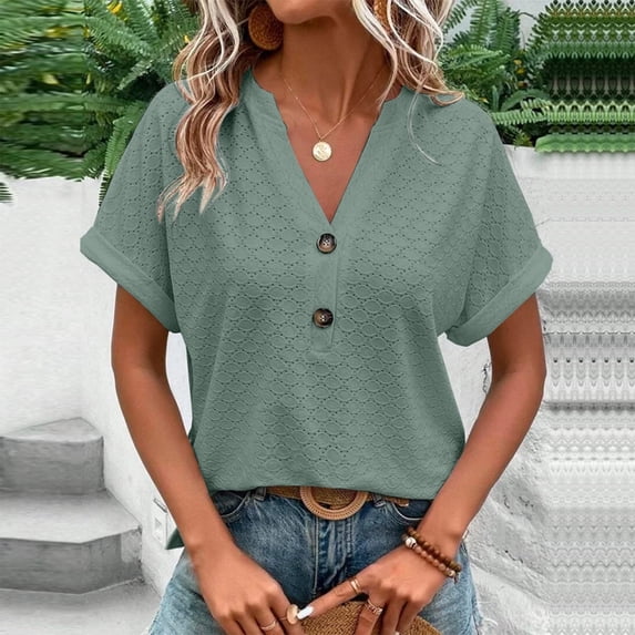 Aloohaidyvio Shirts for Women,Womens Fashion Casual Solid Button V Neck T-Shirt Tops Blouse