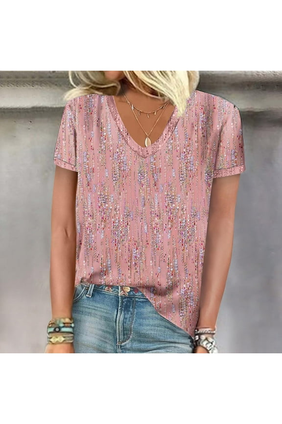 Short Sleeve Womens Tops Plus Size,Womens Summer Retro Fashion Printed V-Neck Short Sleeve T-Shirt Tops